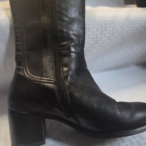David Tate Black Leather Mid-Calf Block Heel Boots